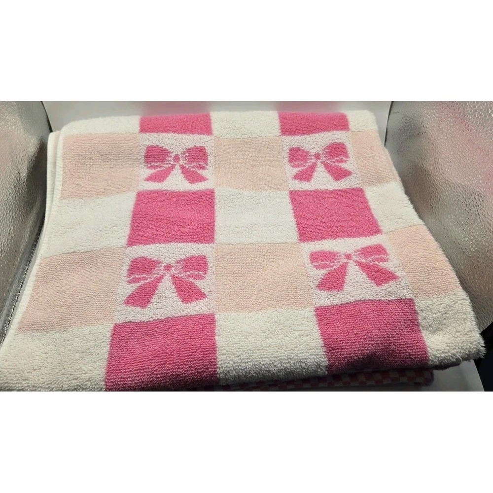 Vintage Pink Bow Towel Full‎ Size Checker Cottagecore Bathroom Rare Cute Reverse